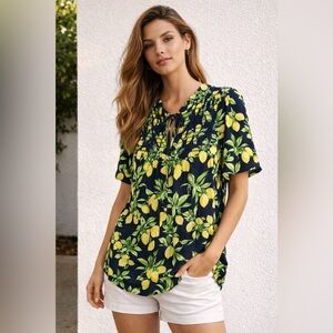 LOFT Lemon Print Smocked Tie Neck Blouse Navy Yellow Size S NWT